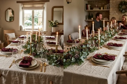 Beautifully styled holiday dining table featuring oatmeal linen tablecloth, burgundy napkins, and festive centerpieces