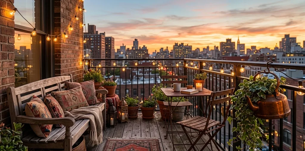 Cozy balcony featuring vintage charm and antique finds at sunset