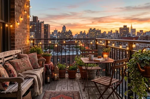 Cozy balcony featuring vintage charm and antique finds at sunset