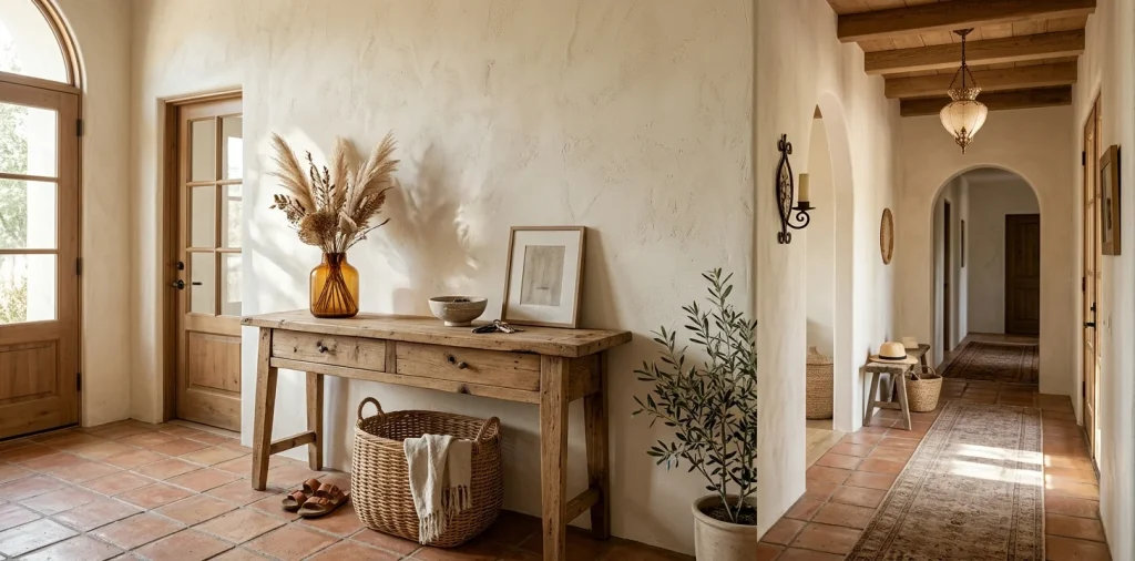 Earthy Mediterranean foyer with terracotta floor tiles, a rustic wooden console, and limewashed walls catching warm sunlight.