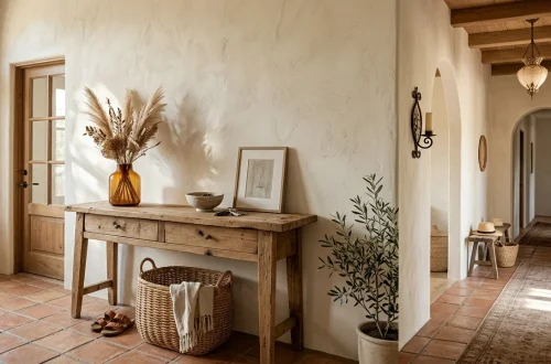 Earthy Mediterranean foyer with terracotta floor tiles, a rustic wooden console, and limewashed walls catching warm sunlight.