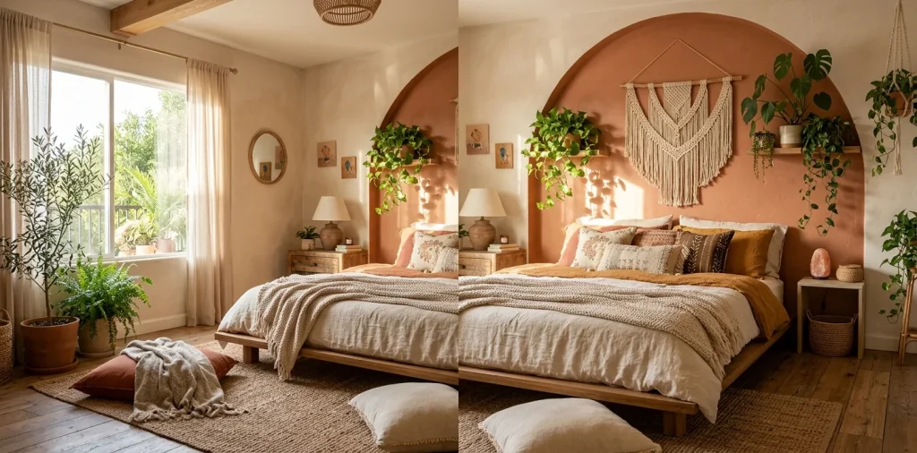 Cozy bedroom featuring a painted terracotta wall arch and macrame decor as a creative headboard alternative