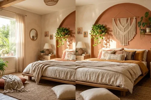 Cozy bedroom featuring a painted terracotta wall arch and macrame decor as a creative headboard alternative