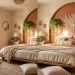 Cozy bedroom featuring a painted terracotta wall arch and macrame decor as a creative headboard alternative