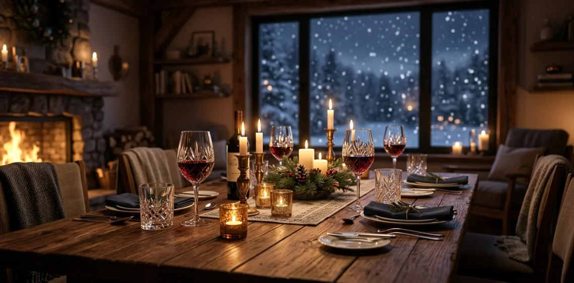 Crystal wine glasses reflecting warm candlelight on a wooden dining table during winter