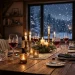 Crystal wine glasses reflecting warm candlelight on a wooden dining table during winter