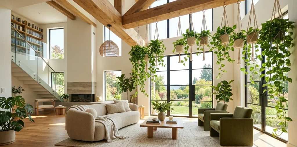 Cascading pothos plants hanging from high ceilings in a bright, modern living room.
