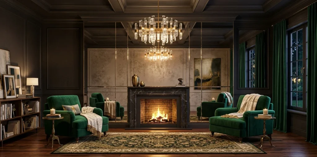Luxurious living room featuring a glamorous mirrored fireplace reflecting warm ambient light and elegant decor.