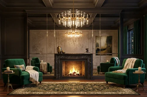 Luxurious living room featuring a glamorous mirrored fireplace reflecting warm ambient light and elegant decor.