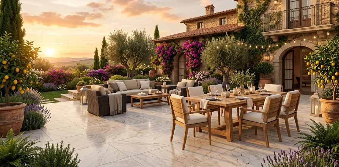 Luxurious Italian-style backyard patio featuring large marble-effect pavers and elegant outdoor furniture.