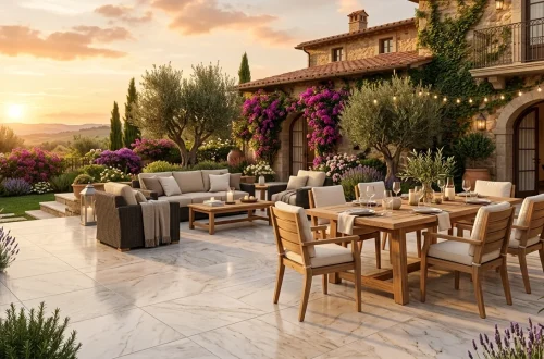 Luxurious Italian-style backyard patio featuring large marble-effect pavers and elegant outdoor furniture.