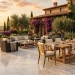 Luxurious Italian-style backyard patio featuring large marble-effect pavers and elegant outdoor furniture.