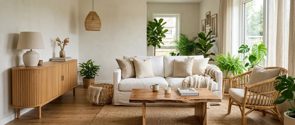 Cozy small living room with natural wood textures including fluted oak and live edge acacia