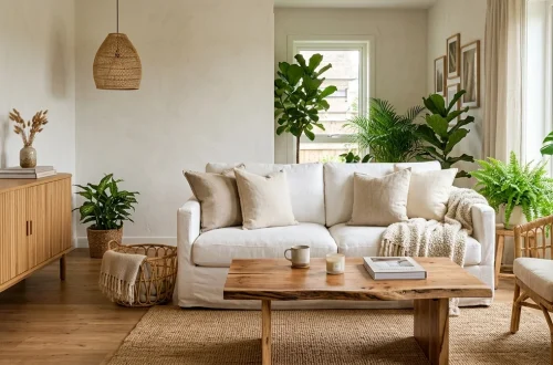 Cozy small living room with natural wood textures including fluted oak and live edge acacia