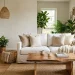 Cozy small living room with natural wood textures including fluted oak and live edge acacia
