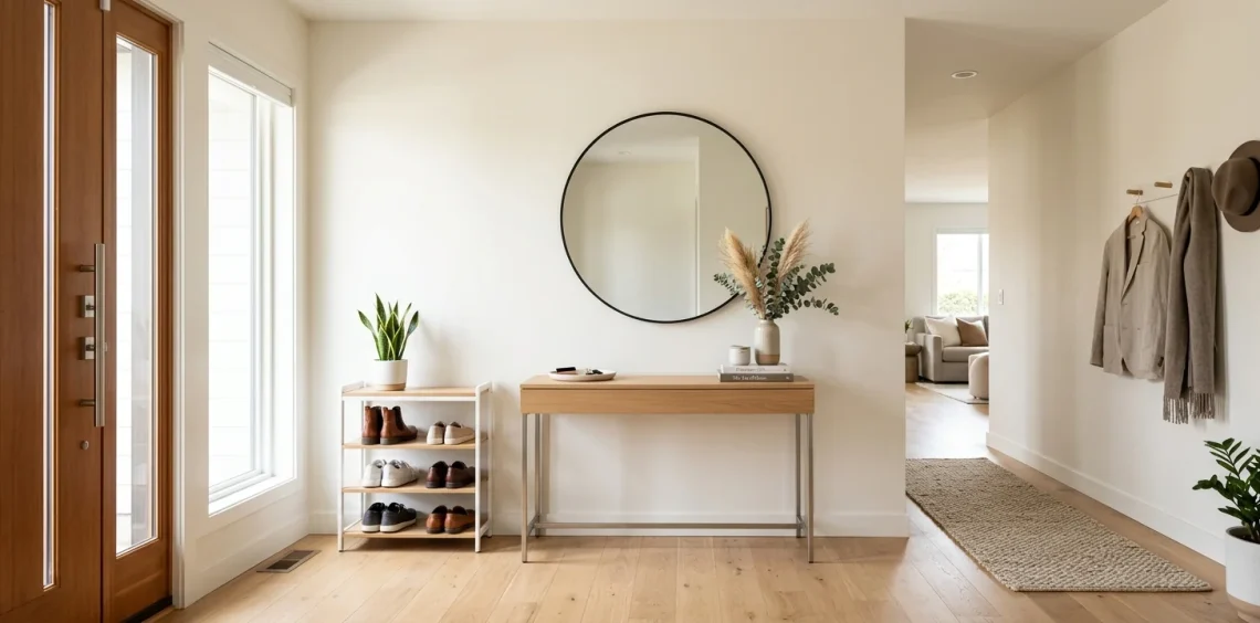 Modern clutter-free entryway featuring a sleek narrow console table and neatly organized shoe rack.