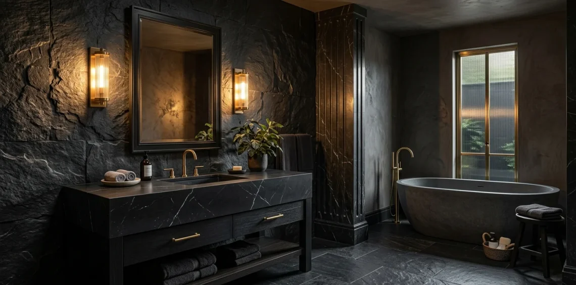 Luxurious moody dark bathroom interior featuring black marble vanity and raw slate accent wall with warm brass lighting.