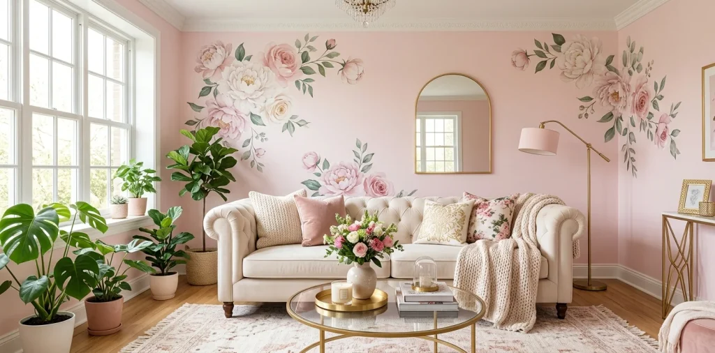 Girly apartment living room styled with oversized floral wall decals and a plush velvet cream sofa.