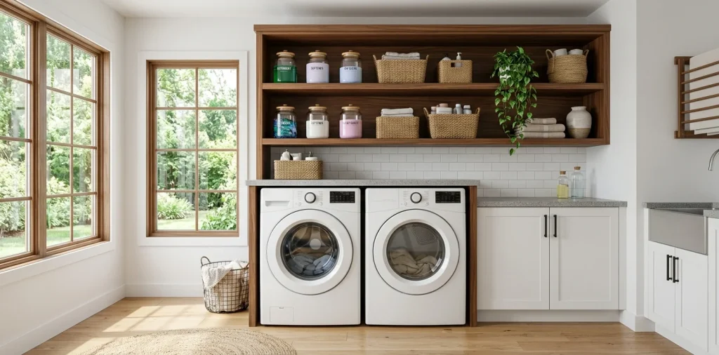 Beautiful DIY open shelving in a modern laundry room styled with glass jars and woven baskets