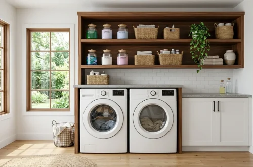 Beautiful DIY open shelving in a modern laundry room styled with glass jars and woven baskets