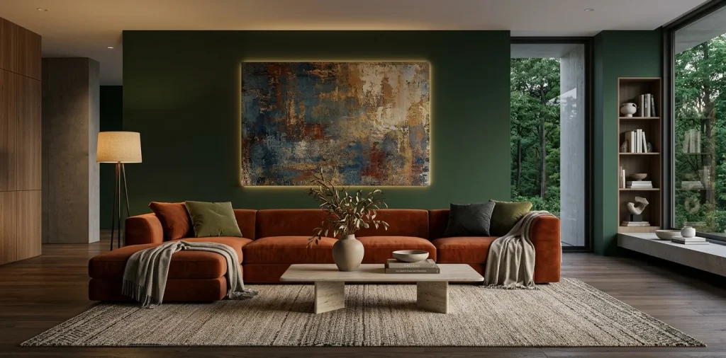 Modern living room featuring a textured abstract canvas on a dark forest green wall with warm ambient lighting.