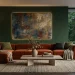 Modern living room featuring a textured abstract canvas on a dark forest green wall with warm ambient lighting.