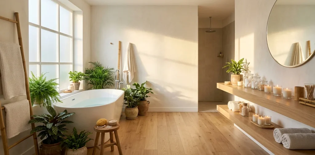 Luxurious spring bathroom spa with freestanding tub and green plants