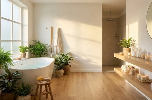 Luxurious spring bathroom spa with freestanding tub and green plants