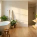 Luxurious spring bathroom spa with freestanding tub and green plants