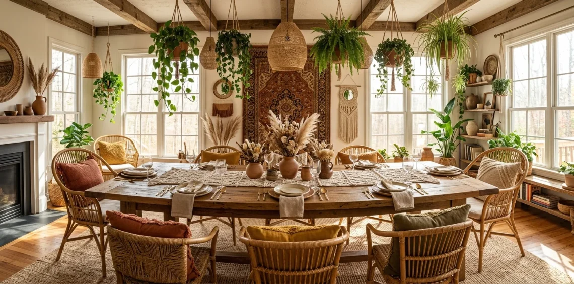 Warm bohemian dining room featuring rustic wooden table, macramé runner, and hanging plants.