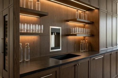Custom dark oak cabinetry featuring a built-in home hydration station and illuminated glass shelves.