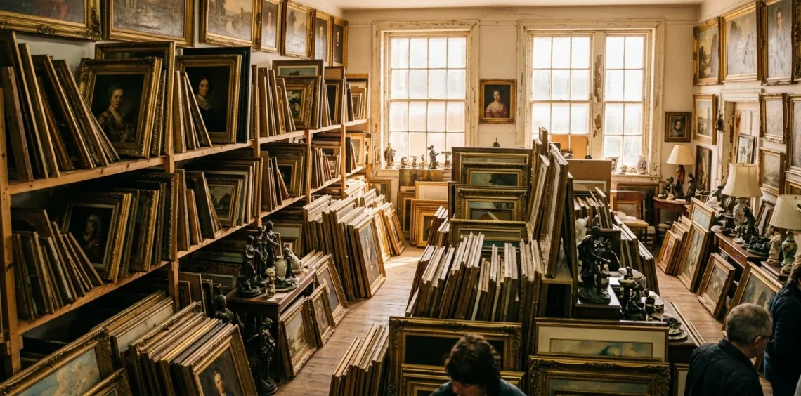A sunlit room filled with stacked vintage paintings and antique decor at an estate sale