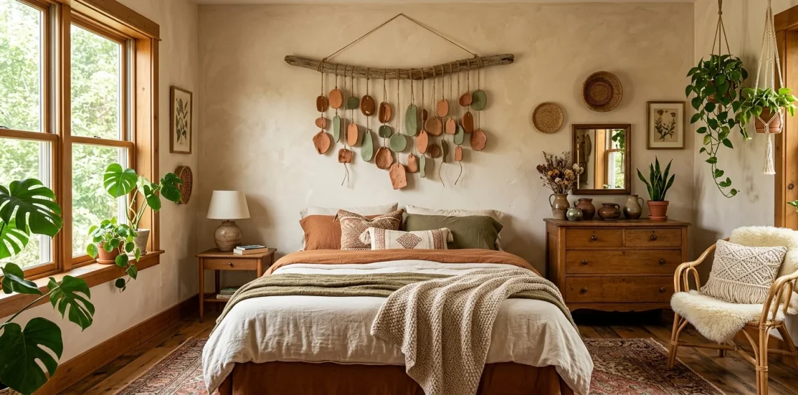 Earthy DIY clay wall hanging with terracotta moons and sage green leaves decorating a cozy bohemian bedroom wall.