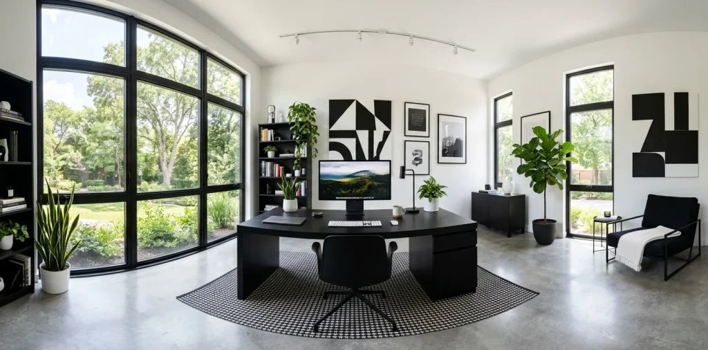 High-contrast black and white home office featuring a sleek dark desk and minimalist decor.