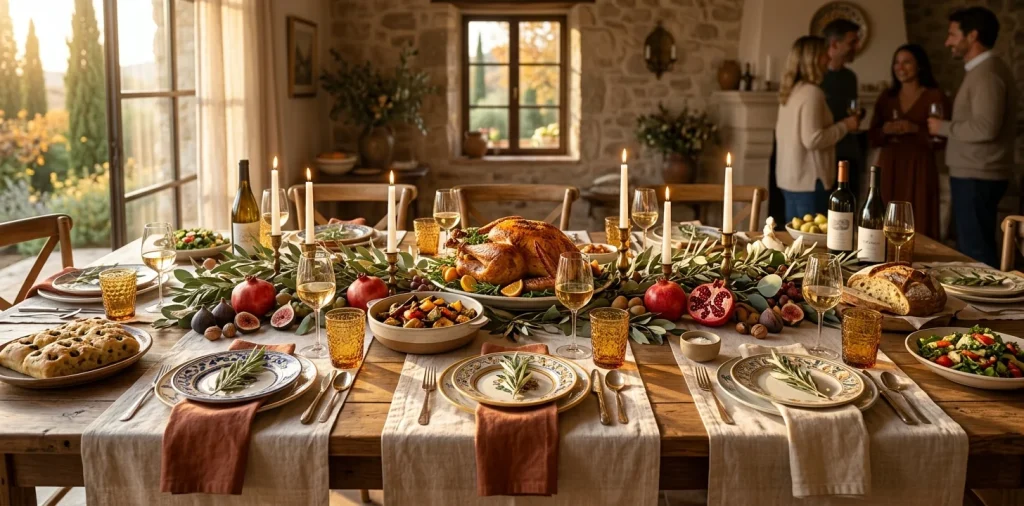 Mediterranean Thanksgiving table setting with olive branches, rustic plates, and warm golden lighting.
