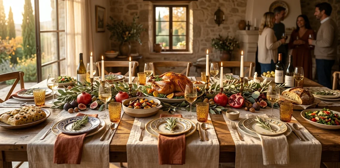 Mediterranean Thanksgiving table setting with olive branches, rustic plates, and warm golden lighting.