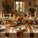Mediterranean Thanksgiving table setting with olive branches, rustic plates, and warm golden lighting.