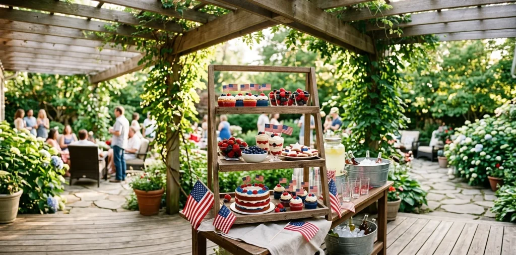 A beautifully styled three-tier wooden stand filled with Memorial Day desserts on an outdoor patio table.