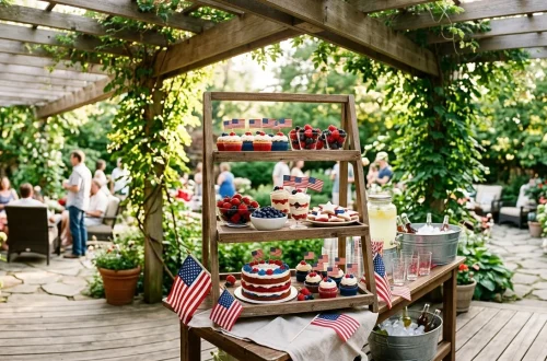 A beautifully styled three-tier wooden stand filled with Memorial Day desserts on an outdoor patio table.