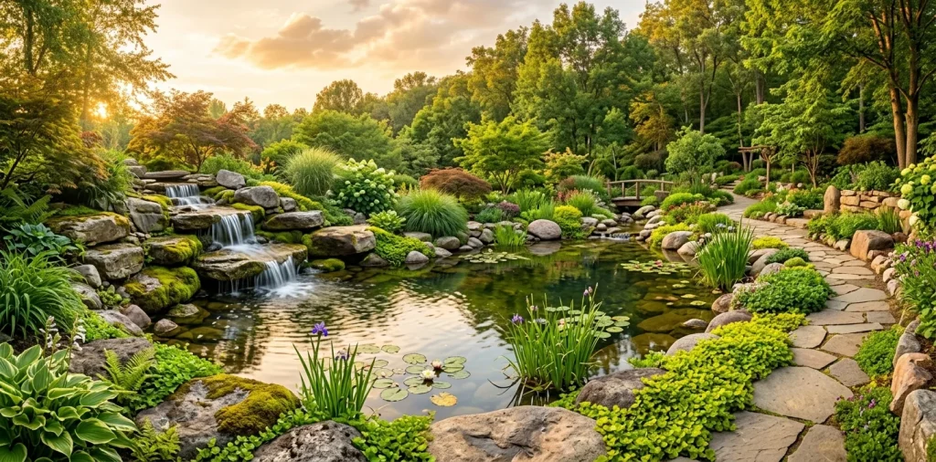 Lush backyard pond featuring natural rock placement and a cascading waterfall at sunset