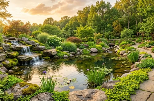 Lush backyard pond featuring natural rock placement and a cascading waterfall at sunset