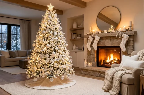Beautiful all-white monochromatic Christmas tree decorated with textured ornaments in a cozy modern living room.