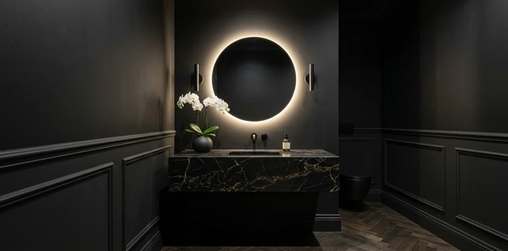 Luxurious monochrome black powder room featuring matte dark walls, backlit circular mirror, and sleek black marble vanity.