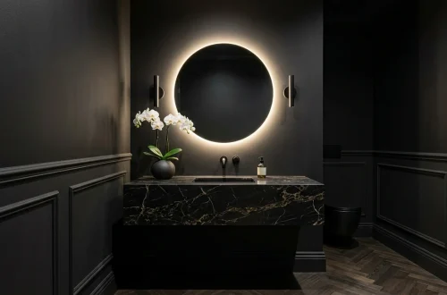 Luxurious monochrome black powder room featuring matte dark walls, backlit circular mirror, and sleek black marble vanity.