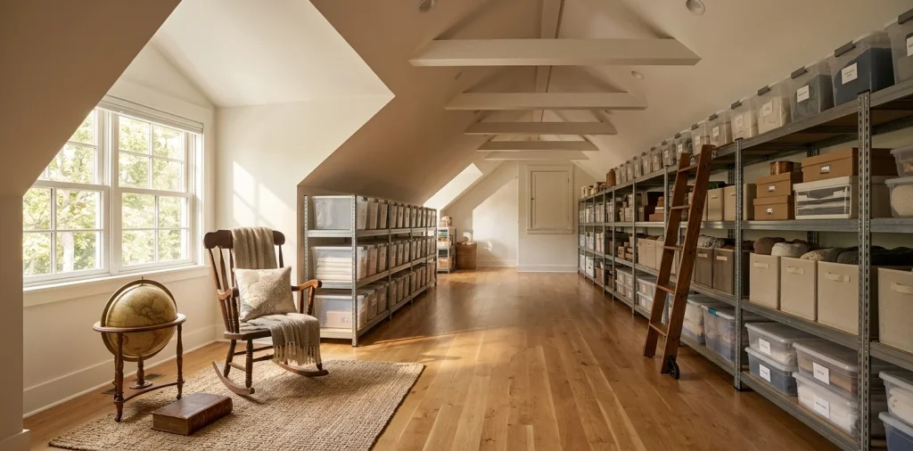Beautifully organized climate controlled attic storage with sturdy shelves and clear plastic bins
