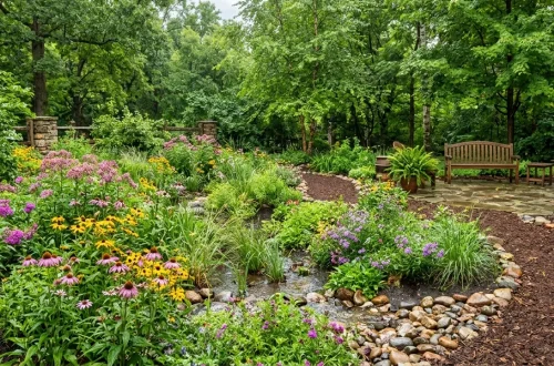 Beautiful blooming rain garden with native plants managing stormwater runoff in a residential backyard