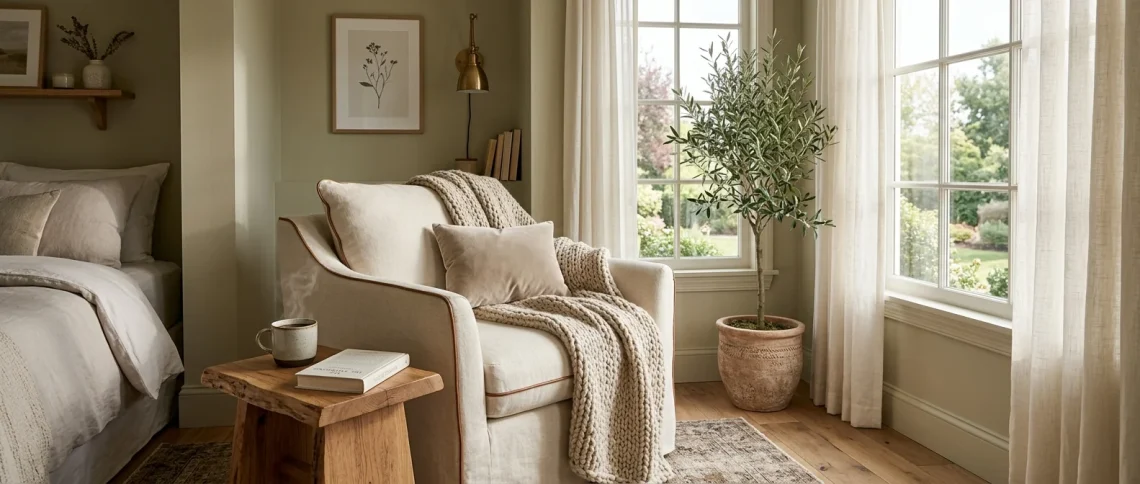 A cozy bedroom reading nook featuring a plush armchair, chunky knit blanket, side table with coffee, and natural window light.