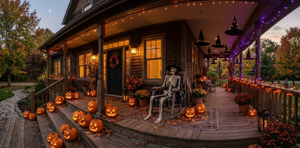 Atmospheric Halloween porch decorated with glowing pumpkins, floating witch hats, and a posed skeleton at dusk
