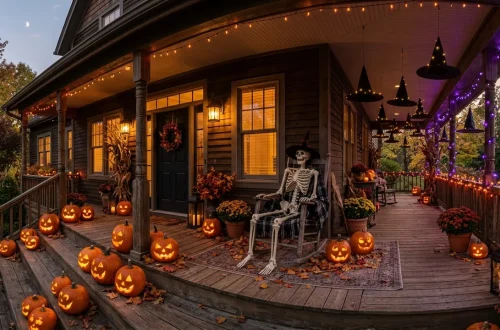 Atmospheric Halloween porch decorated with glowing pumpkins, floating witch hats, and a posed skeleton at dusk
