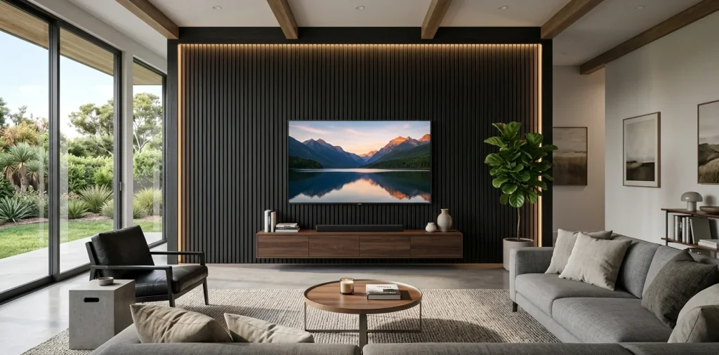 Modern living room featuring a textured black TV wall panel design with warm LED backlighting and a sleek flat screen TV.